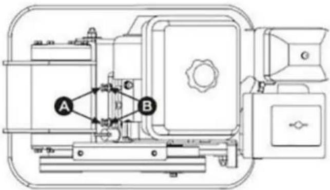 Technical diagram of a mechanical assembly with labeled components A and B, showing internal components and connections.