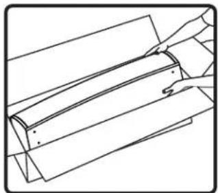 Line drawing of a hand holding a curved object over layered materials (no text or symbols)
