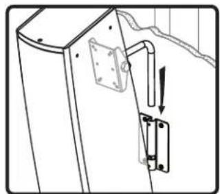 Technical line drawing of a door lock assembly with a warning symbol (no text or labels)