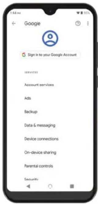 Google Sign in to your Google Account SERVICES Account services Ads Backup Data & messaging Device connections On-device sharing Parental controls Security