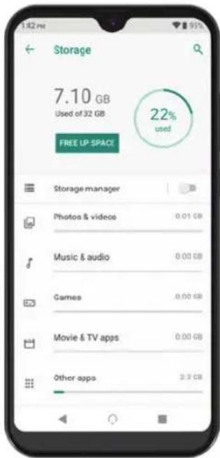 Storage 7.10 GB Used of 32 GB FREE LP SPACE 22% used Storage manager Photos & videos Music & audio Games Movie & TV apps Other apps 0.01 GB 0.00 GB 0.00 GB 0.00 GB 0.00 GB 2.5 GB