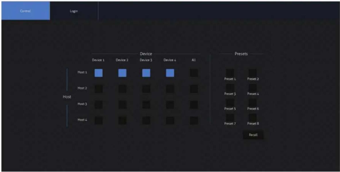 Control Login Device Device 1 Device 2 Device 3 Device 4 All Host 1 Presets Host 2 Preset 1 Preset 2 Host 3 Preset 3 Preset 4 Host 4 Preset 5 Preset 6 Presets Preset 7 Preset 8 Recall