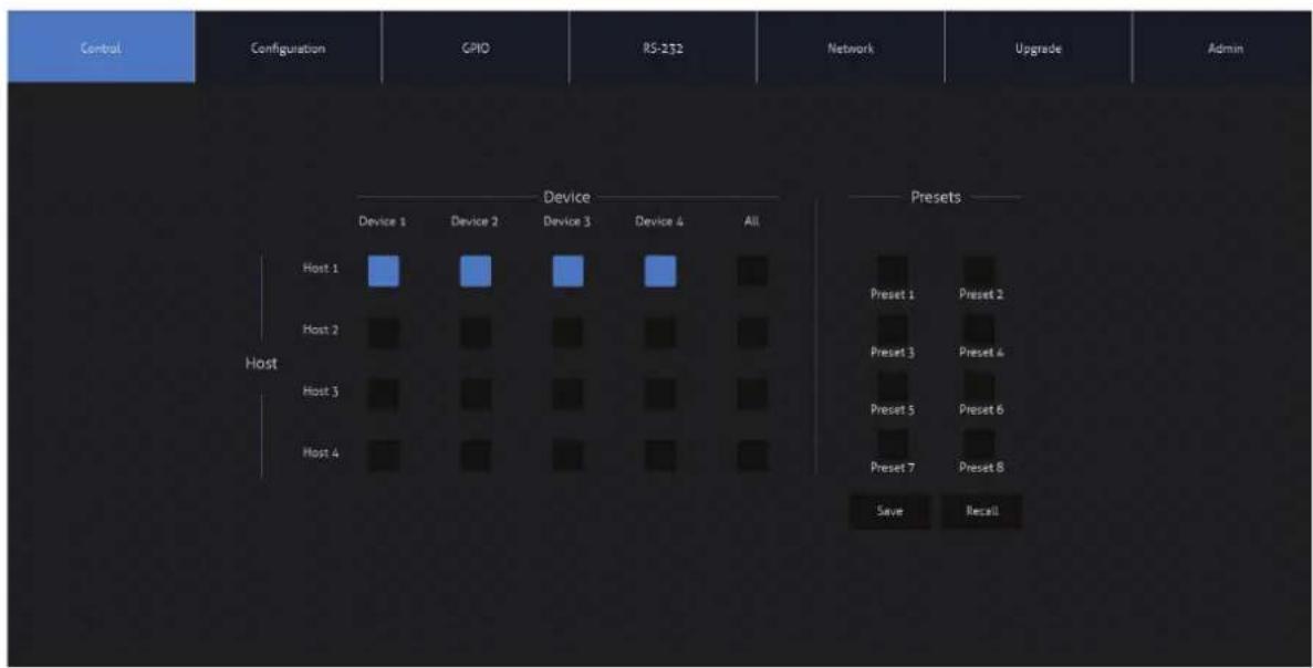 Control Configuration GPIO RS-232 Network Upgrade Admin Device All Host 1 Device 1 Device 2 Device 3 Device 4 Host 2 Host 2 Host 3 Host 3 Host 4 Presets Preset 1 Preset 2 Preset 3 Preset 4 Preset 5 Preset 6 Preset 7 Preset 8 Save Recall