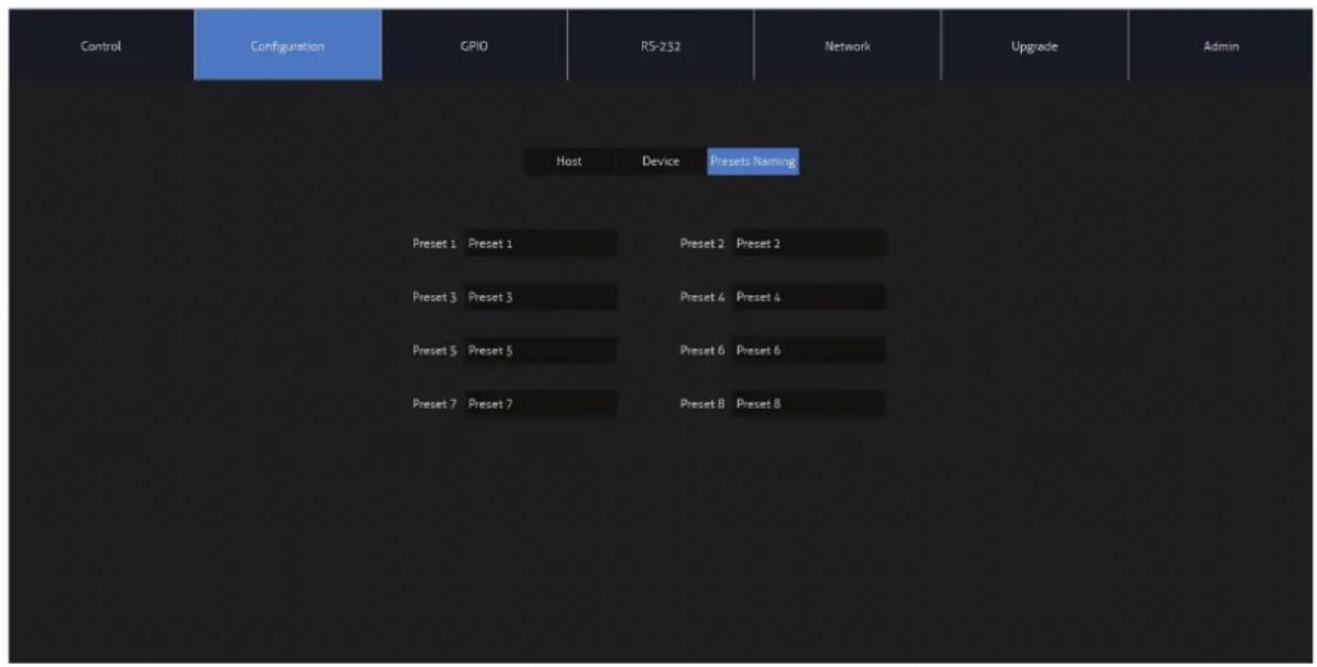 Control Configuration GPIO RS-232 Network Upgrade Admin Host Device Presets Naming Preset 1 Preset 1 Preset 2 Preset 2 Preset 3 Preset 3 Preset 4 Preset 4 Preset 5 Preset 5 Preset 6 Preset 6 Preset 7 Preset 7 Preset 8 Preset 8