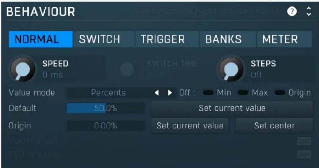 BEHAVIOUR NORMAL SWITCH TRIGGER BANKS METER SPEED 0 ms SWITCH TIME STEPS Off Value mode Percents Off : Min Max Origin Default 50.0% Set current value Origin 0.00% Set current value Set center Value to text Text to value