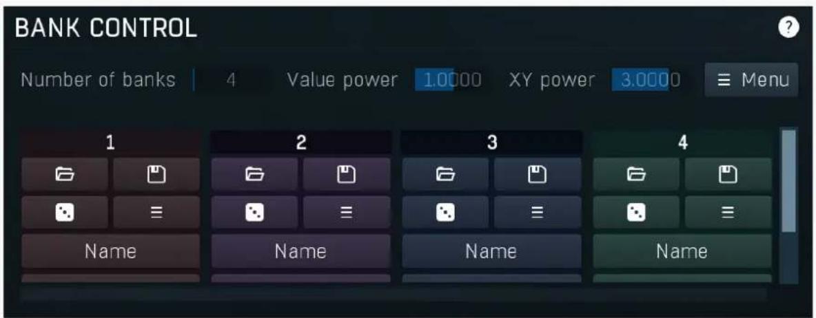 BANK CONTROL Number of banks | 4 Value power 1.0000 XY power 3.0000 ≡ Menu 1 2 3 4 Name Name Name Name