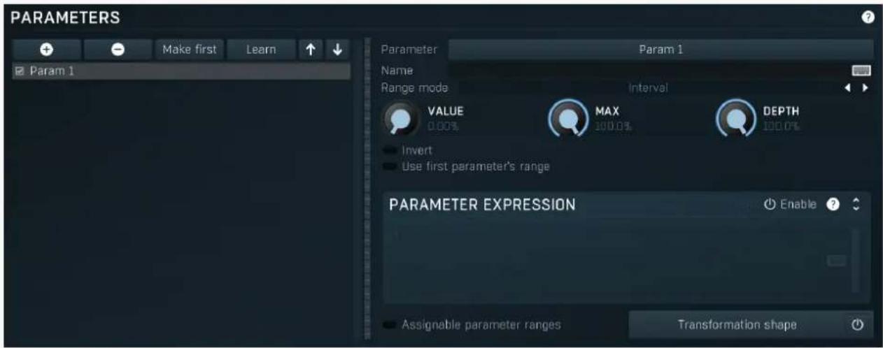 PARAMETERS Make first Learn Param 1 Parameter Param 1 Name Range mode Interval VALUE MAX DEPTH 0.00% 100.0% Invert Use first parameter's range PARAMETER EXPRESSION Enable ? Assignable parameter ranges Transformation shape