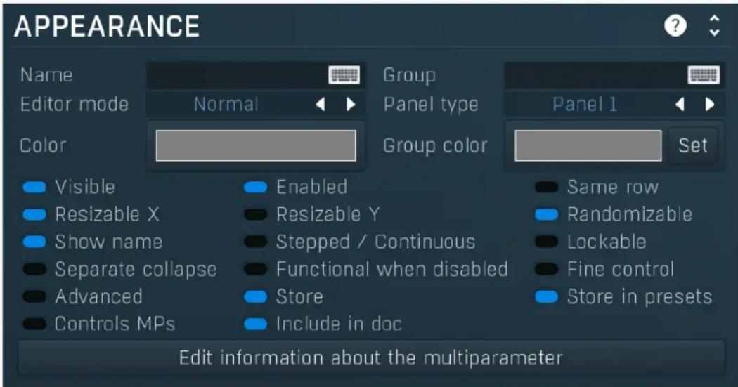APPEARANCE Name Editor mode Normal Group Panel type Color Group color Panel 1 Set Visible Enabled Resizable X Resizable Y Show name Stepped / Continuous Separate collapse Functional when disabled Advanced Store Storage MPs Include in doc Edit information about the multiparameter