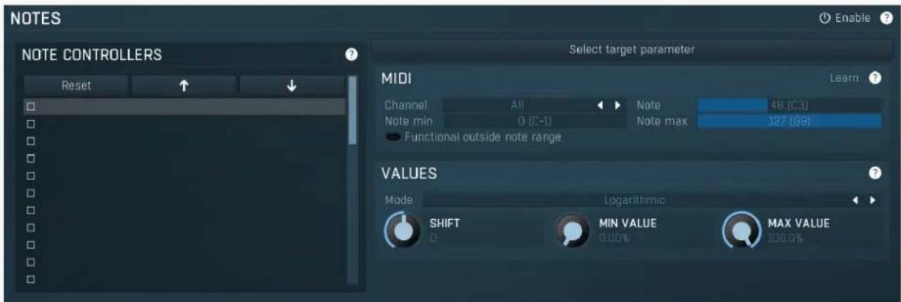 NOTES Enable ? NOTE CONTROLLERS Reset Select target parameter MIDI Learn ? Channel All Note 48 (C3) Note min 0 (C-1) Note max 127 (G9) Functional outside note range VALUES Mode Logarithmic SHIFT MIN VALUE MAX VALUE 0 0.00% 100.0%