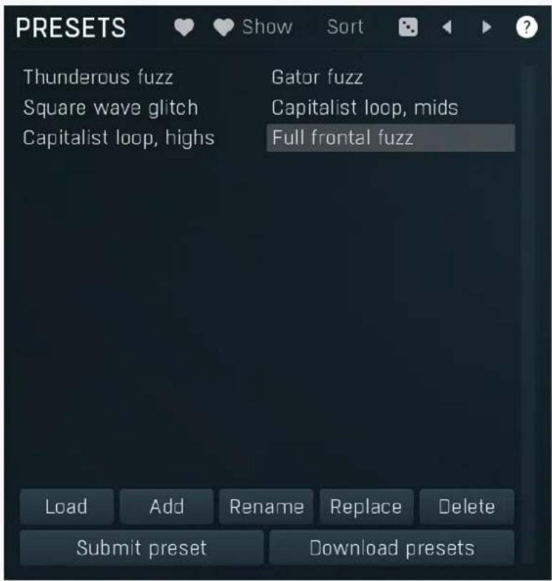 PRESETS Thunderous fuzz Square wave glitch Capitalist loop, highs Gator fuzz Capitalist loop, mids Full frontal fuzz Load Add Rename Replace Delete Submit preset Download presets