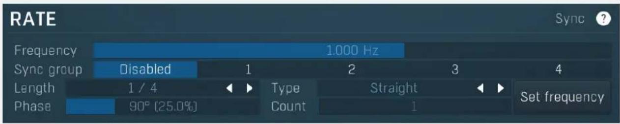 RATE Frequency 1.000 Hz Sync group Disabled 1 2 3 4 Length 1 / 4 ▶ Type Straight ▶ Set frequency Phase 90° (25.0%) Count 1