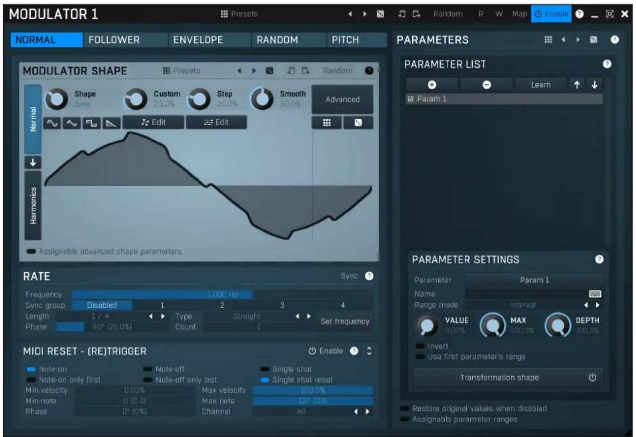 MODULATOR 1 Presents Random R W Map Enable ? NORMAL FOLLOWER ENVELOPE RANDOM PITCH MODULATOR SHAPE Presets Random Shape Custom Step Smooth Advanced Sine 25.0% 25.0% 50.0% Normal Edit Edit Harmonics Assignable advanced shape parameters RATE Sync ? Frequency 1.000 Hz Sync group Disabled 1 2 3 4 Length 1 / 4 Type Straight Set frequency Phase 90° (25.0%) Count 1 MIDI RESET - (RE)TRIGGER Enable ? Note-on Note-off Single shot Param 1 Note-on only first Note-off only last Range mode Interval Min velocity 0.00% Max velocity 100.0% Min note 0 (C-1) Max note 127 (09) Phase 0° (0%) Channel All PARAMETER LIST Param 1 PARAMETER SETTINGS Parameter Param 1 Name Range mode Interval VALUE MAX DEPTH 0.00% MAX 100.0% Invert Use first parameter's range Use first parameter's range Transformation shape Restore original values when disabled Assignable parameter ranges