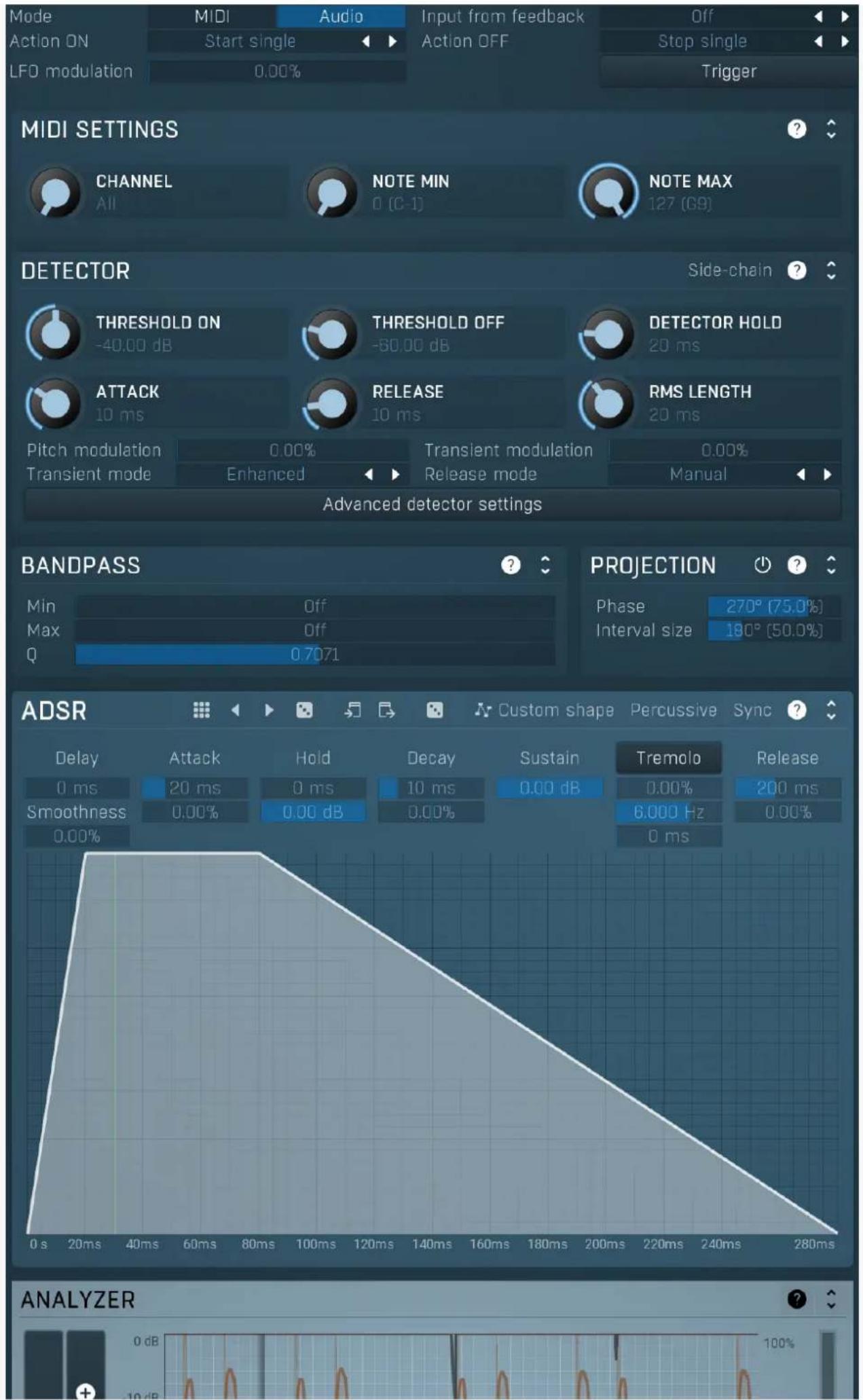 Mode Action ON MIDI Audio Input from feedback Off Start single Action OFF Stop single LFO modulation Trigger MIDI SETTINGS CHANNEL NOTE MIN NOTE MAX All 0 (C-1) 127 (G9) DETECTOR Side-chain ? THRESHOLD ON THRESHOLD OFF DETECTOR HOLD -40.00 dB -60.00 dB 20 ms ATTACK RELEASE RMS LENGTH 10 ms 10 ms 20 ms Pitch modulation 0.00% Transient modulation 0.00% Transient mode Enhanced Release mode Manual Advanced detector settings BANDPASS ? PROJECTION ? Min Off Phase 270° (75.0%) Max Off Interval size 180° (50.0%) Q 0.7071 ADSR Custom shape Percussive Sync ? Delay Attack Hold Decay Sustain Tremolo Release 0 ms 20 ms 0 ms 10 ms 0.00 dB 0.00% 200 ms Smoothness 0.00% 0.00 dB 0.00% 6.000 Hz 0.00% 0.00% 0 ms ANALYZER 0 s 20ms 40ms 60ms 80ms 100ms 120ms 140ms 160ms 180ms 200ms 220ms 240ms 280ms