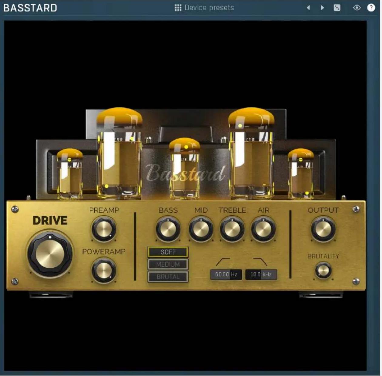 BASSTARD Device presets DRIVE PREAMP POWERAMP BASS MID TREBLE AIR OUTPUT SOFT MEDIUM BRUTAL 60.00 Hz 10.0 kHz BRUTALITY
