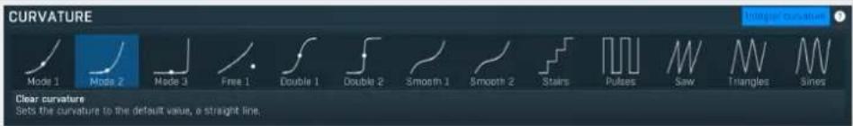 CURVATURE Mode 1 Mode 2 Mode 3 Free 1 Double 1 Double 2 Smooth 1 Smooth 2 Stairs Pulses Saw Triangles Sines Clear curvature Sets the curvature to the default value, a straight line.