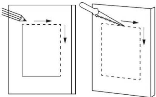 Diagram illustrating two steps of drawing a rectangle, with arrows indicating direction and dashed outlines.