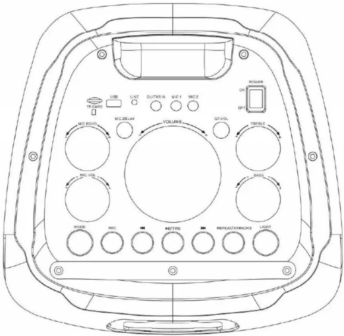 TF CARD USB LINE QUITAR IN MIC 1 MIC 2 POWER ON OFF MIC ECHO MIC DELAY VOLUME GT.VOL TREBLE MIC VOL BASS MCGE RBC #/TWS REPEAT/KARAOKE LIGHT