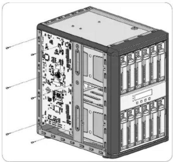 Illustration of a server rack unit with internal components and labeled ports (no text or symbols present)
