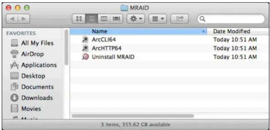 MRAID FAVORITES All My Files AirDrop Applications Desktop Documents Downloads Movies Movie Name Date Modified ArcCLI64 Today 10:51 AM ArcHTTP64 Today 10:51 AM Uninstall MRAID Today 10:51 AM 3 items, 355.62 GB available