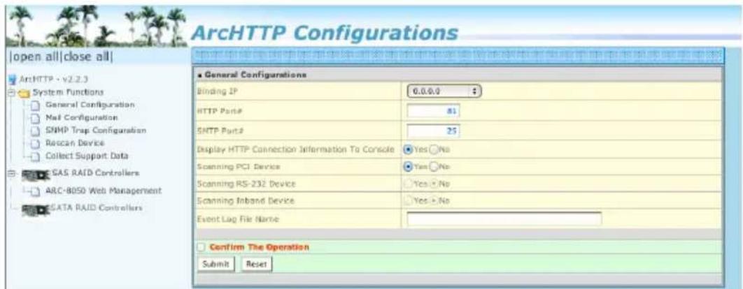 ArchHTTP Configurations Open all|close all| ArchHTTP - v2.2.3 System Functions General Configuration Mail Configuration SNMP Trap Configuration Rescan Device Collect Support Data SAS RAID Controllers ARC-8050 Web Management SATA RAID Controllers General Configurations Binding IP 0.0.0.0 HTTP Port#:…