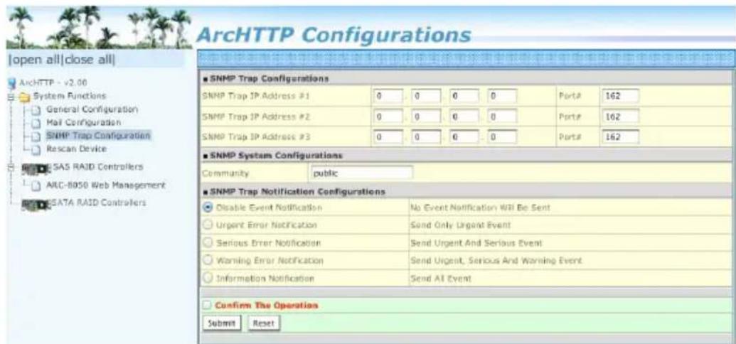 ArchHTTP Configurations Open all|close all| ArchHTTP - v2.00 System Functions General Configuration Mail Configuration SNMP Trap Configuration Rescan Device SAS RAID Controllers AIC-B050 Web Management SATA RAID Controllers SNMP Trap Configurations SNMP Trap IP Address #1 0 0 0 0 Port# 162 SNMP Trap…