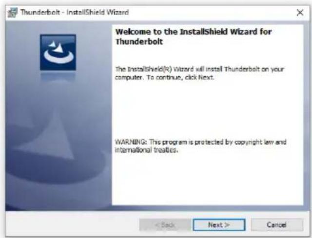 Thunderbolt - InstallShield Wizard Welcome to the InstallShield Wizard for Thunderbolt The InstallShield(R) Wizard will install Thunderbolt on your computer. To continue, click Next. WARNING: This program is protected by copyright law and international treaties.