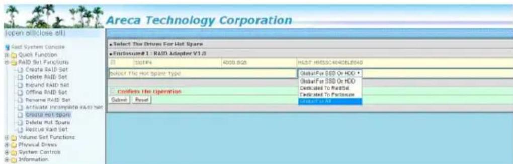 Areca Technology Corporation Open off(close off) Select The Drives For Hot Spare Enclosure#1 : RAID Adapter V1.0 302F4 4000.8GB HUST HEMSSC4M4DLE5640 select the Hot Spare Type GlobalFor SSD Or HDD • confirm the operation GlobalFor SSD Or HDD Detailed To Perform Detailed To Perform CloseTo Off Volume…