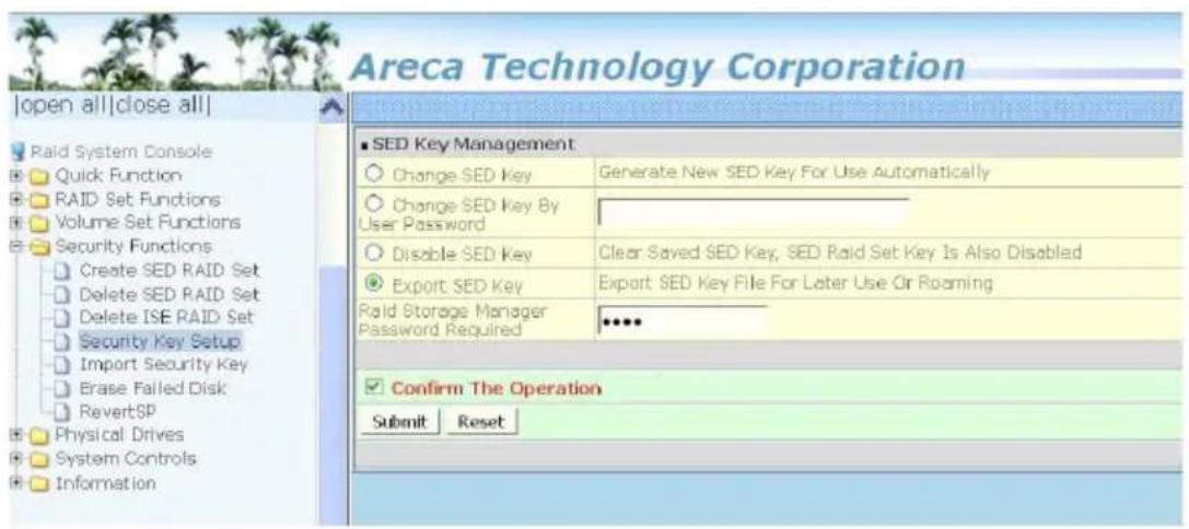 Areca Technology Corporation |open all|close all| Raid System Console Quick Function RAID Set Functions Volume Set Functions Security Functions Create SED RAID Set Delete SED RAID Set Delete ISE RAID Set Security Key Setup Import Security Key Erase Failed Disk RevertSP Physical Drives System Control…