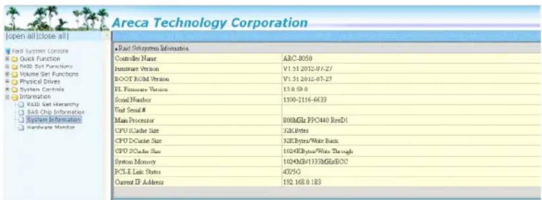 Areca Technology Corporation ● Read Subsystem Information Controller Name ABC-8050 Hardware Version V1.51 2012-07-2/ BOOT ROld Version V1.51 2012-07-27 PL Hardware Version 13.0.59.0 Serial Number 1100-2116-6633 Unit Serial # Main Processor 800MHz PPC440 RevD1 CPU iCache Size 32KBytes CPU iCache Size…