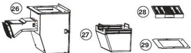 Technical diagram of a device with numbered parts, including a zoomed-in chamber and internal compartments.