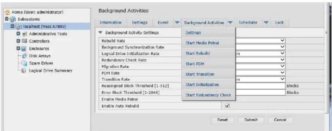 Home (User: administrator) Subsystems localhost (Vess A7800) Administrative Tools Controllers Enclosures Disk Arrays Spare Drives Logical Drive Summary Background Activities Information Settings Event Background Activities Scheduler Lock Background Activity Settings Rebuild Rate Background Synchronization Rate Logical Drive Initialization Rate Redundancy Check Rate Migration Rate PDM Rate Transition Rate Reassigned Block Threshold [1-512] Error Block Threshold [1-2048] Enable Media Patrol Enable Auto Rebuild Settings Start Media Patrol Start Rebuild m Start PDM Start Transition m Start Initialization Blocks Start Redundancy Check Reset Submit Cancel