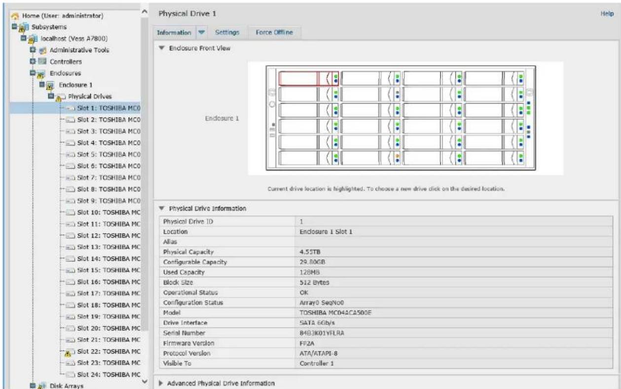 Home (User: administrator) Subsystems localhost (Vess A7800) Administrative Tools Controllers Enclosures Enclosure 1 Physical Drives Slot 1: TOSHIBA MCO Slot 2: TOSHIBA MCO Slot 3: TOSHIBA MCO Slot 4: TOSHIBA MCO Slot 5: TOSHIBA MCO Slot 6: TOSHIBA MCO Slot 7: TOSHIBA MCO Slot 8: TOSHIBA MCO Slot 9: TOSHIBA MCO Slot 10: TOSHIBA MC Slot 11: TOSHIBA MC Slot 12: TOSHIBA MC Slot 13: TOSHIBA MC Slot 14: TOSHIBA MC Slot 15: TOSHIBA MC Slot 16: TOSHIBA MC Slot 17: TOSHIBA MC Slot 18: TOSHIBA MC Slot 19: TOSHIBA MC Slot 20: TOSHIBA MC Slot 21: TOSHIBA MC Slot 22: TOSHIBA MC Slot 23: TOSHIBA MC Slot 24: TOSHIBA MC Disk Arrays Physical Drive Information Physical Drive ID 1 Location Enclosure 1 Slot 1 Alias Physical Capacity 4.55TB Configurable Capacity 29.80GB Used Capacity 128MB Block Size 512 Bytes Operational Status OK Configuration Status Array0 SegNo0 Model TOSHIBA MCO4ΔCA500E Drive Interface SATA 6Gb/s Serial Number 84B3K01YFLRA Firmware Version FIP2A Protocol Version ATA/ATAPI-8 Visible To Controller 1 Advanced Physical Drive Information