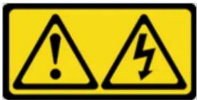 Yellow warning sign with two triangular warning symbols: one exclamation mark and one lightning bolt symbol
