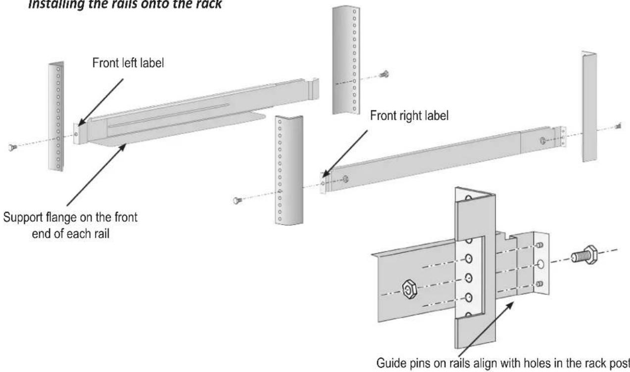 Installing the rails onto the rack Front left label Front right label Support flange on the front end of each rail Guide pins on rails align with holes in the rack post
