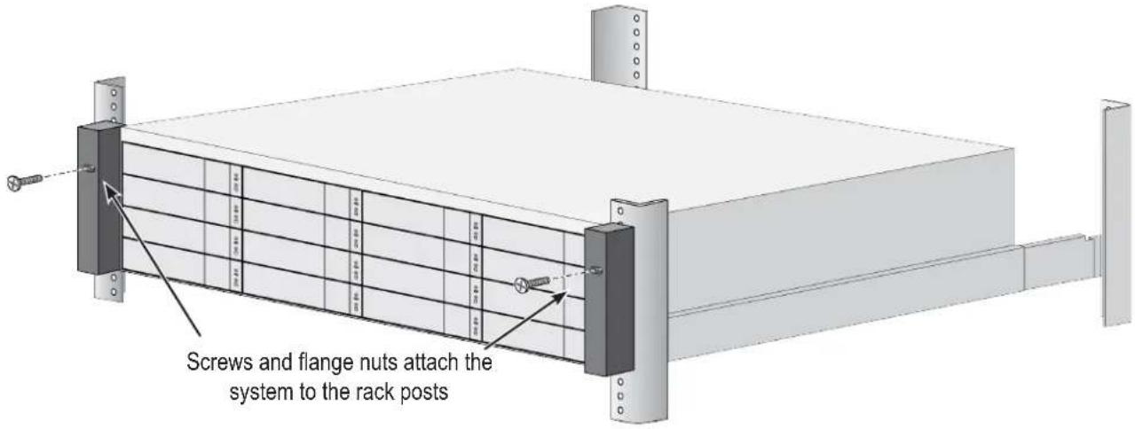 Screws and flange nuts attach the system to the rack posts