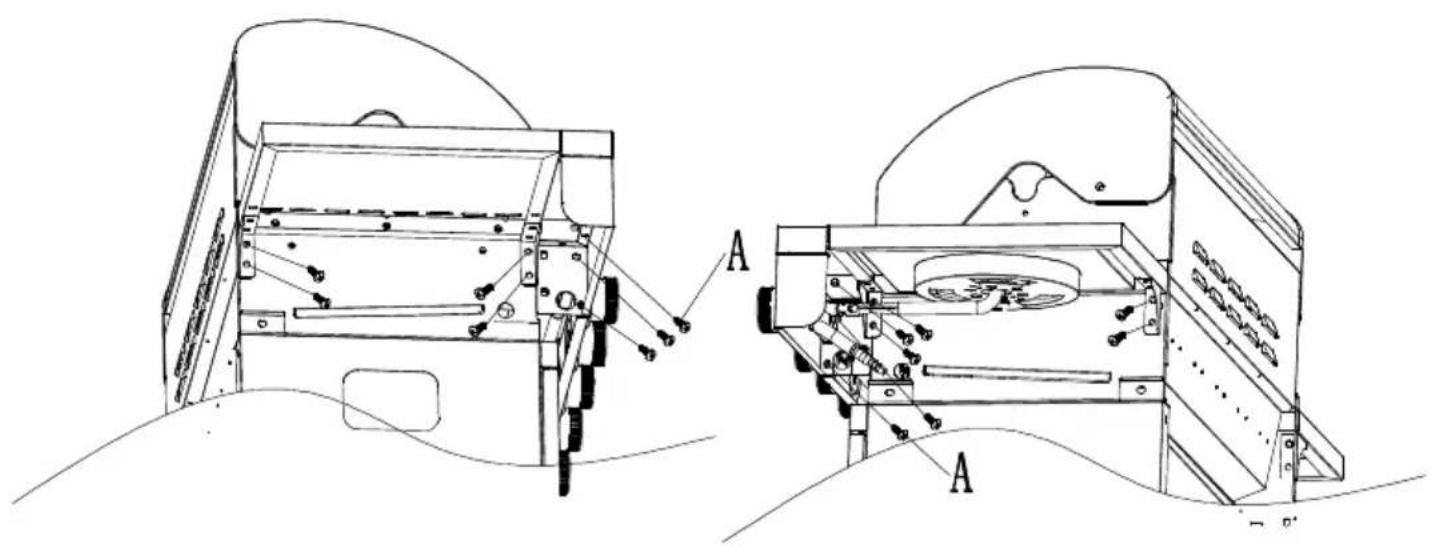Technical diagram of a mechanical device with labeled components A, showing cross-sectional and top views of the assembly.