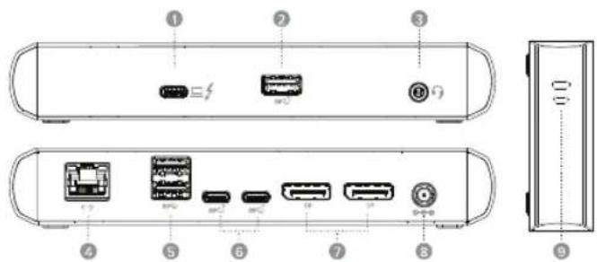 Diagram of a device rear panel with labeled ports and connectors, showing internal components and part numbers.
