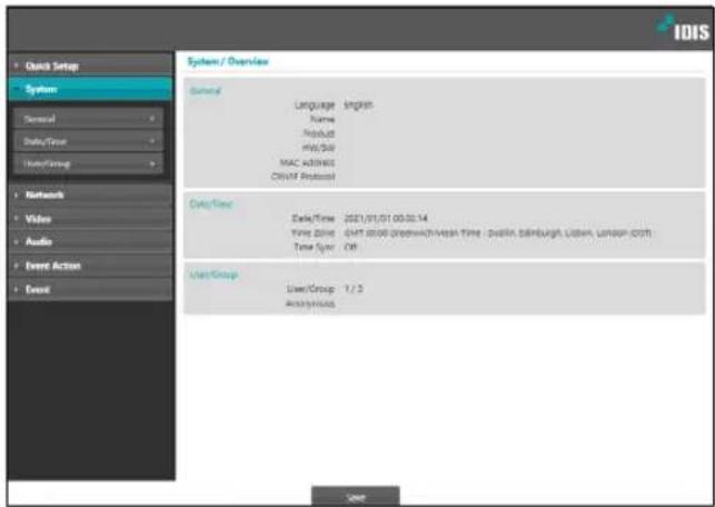 Quick Setup System General Language: English Name: Products MID/SU MAC ADDRESS COS/IF Protocol Data/Time Data/Time: 2021/01/01 00:30:14 Time Date: GMT 80:00 (greenwich-Vestan Time - Dublin, Edinburgh, London, London-00th) Time Type: Off User/Group User/Group 1 / 3 Acquisition