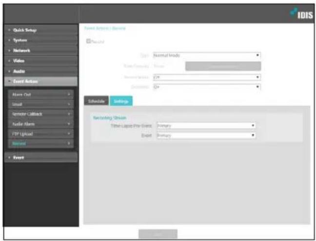 Quick Setup Systems Network Video Audio Event Action Alarm Out Email Speaker Callouts Audio Alarm FTP Upload Record Event Event Action / Event Record Type: Normal Mode Text Format: None Normal Mode: On Outcome: On Schedule Settings Switching Status Title: Lapsed Pre-Event Primary Event Primary