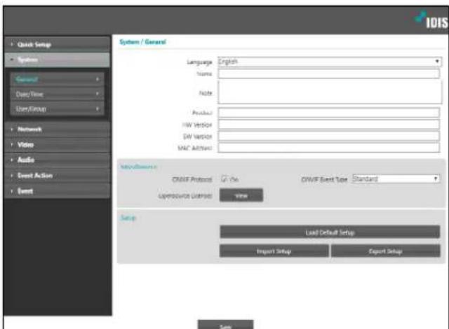 System / General Language: English Name: Note: Product: HW Version: DW Version: MAC Address: My Documents COWIF Protocol: Yes COWIF Event Type: Standard LogResource License: Yes Setup Load Default Setup Import Setup Export Setup OK Save