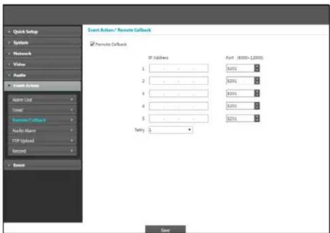 Event Action / Remote Callback Temporary Callback SP Address Port (8000-12000) 1 B702 2 B301 3 B201 4 B201 5 B011 Entry 1 Save