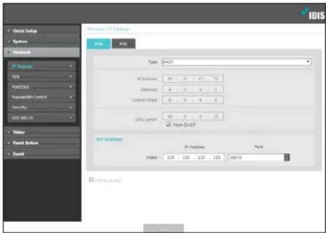 IDIS + Quick Setup - Systems - Network IP Address FEN Port/Out Ravelling Control Comedy HSS 60.1x - Video - Board Action - Event Microsoft TCP Address IP Address IP Address: 10 ... 0 ... 17 ... 73 Delete: 0 ... 0 ... 0 ... 3 Selected State: 0 ... 0 ... 0 ... 6 JPG Letter: 10 ... 0 ... 0 ... 15 Type TCP TCP Multifocus IP Address Port Video: 228 ... 236 ... 228 ... 230 38018 (optional port)