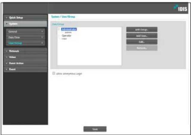 System / User/Group User/Group Advanced Server Operator Load Add Group... Add User... Add... Remove... Allow anonymous Large Quick Setup System General User/User User/Group Networks Values Power Action Event Add Save