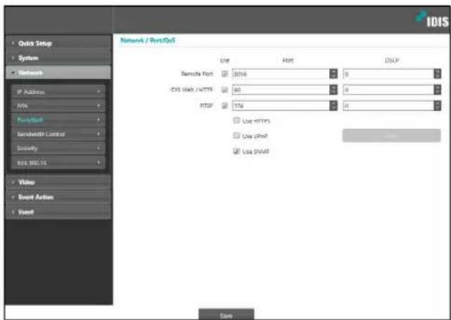 IDIS Quick Setup System Networks IP Address Any Port/Host Bandwidth Network Security BLS-806.15 Value Event Action Event Network / Ports/OcS Use Host DSLP Remote Port 80% 0 DNS Web / HTTP 60 0 RTSP 1% 0 □ Use HTTPS □ Use SPhP □ Use SNMP Save