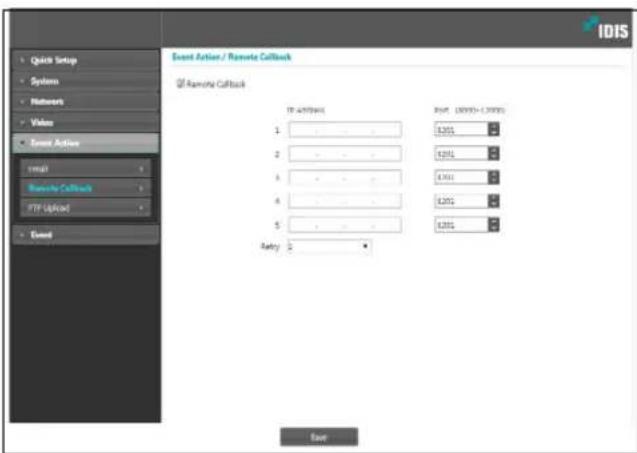 IDIS Event Action / Remote Callback Remote Callback IP: 407844 1 2 3 4 5 Retry: 2 Split: 100% - 1.0000 $200 $200 $200 $200 $200 $200 Reset