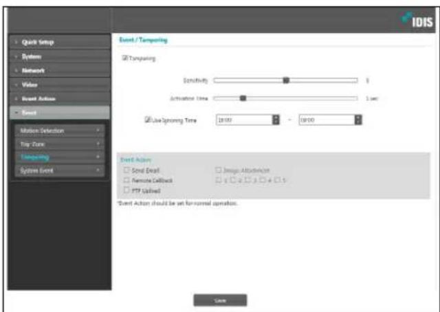 Quick Setup System Network Video Event Action Event / Comparing Typing Sensitivity Activation Time Use Spinning Time 18:00 19:00 Event Action Serial Email Remote Callback FTP Enabled Design Attachment 3.0 + 4.5 *Event Action should be set for normal operation. OK