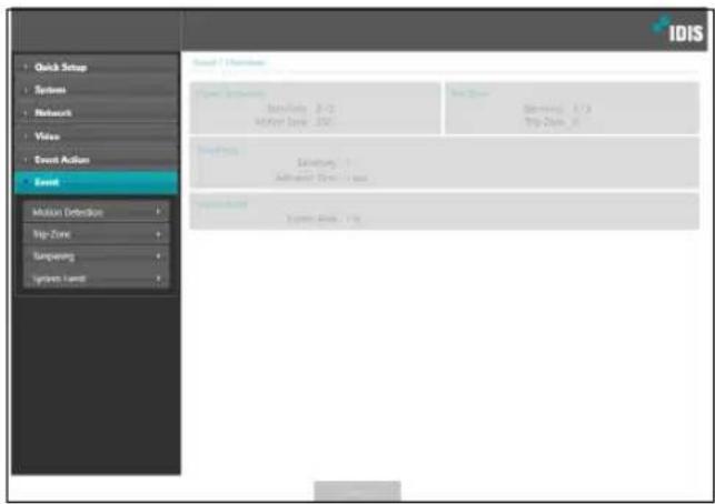 Quick Setup System Network Video Event Action Event Mulsion Detection Top Zone Bumpering Systems Event IDIS Event / Summary Sensitivity: 0-2 Maser Data: 350 New Data: Samsung - 1/3 Huawei Data - 1 sec Microsoft External Axis: 7.5