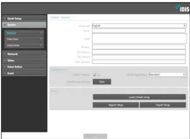 Quick Setup Options Details Date Time User Setup Network Video Event Action Event Actions / Options Language: English Times: Name: Practice: Edit Version: Edit Version: Test Address: Custom Setup: On Custom Setup Type: Standard Community License: View Load Unfixed Setup Import Setup Export Setup