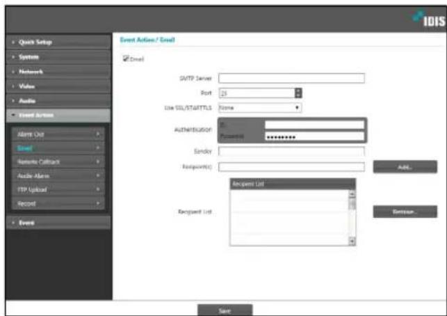 Event Action / Event Dwell SMTP Server Port 25 Use SQL/STARTTLS Name Authentication Sendor Recipient(s) Recipient List Recipient List Add... Remove... Save OK Cancel