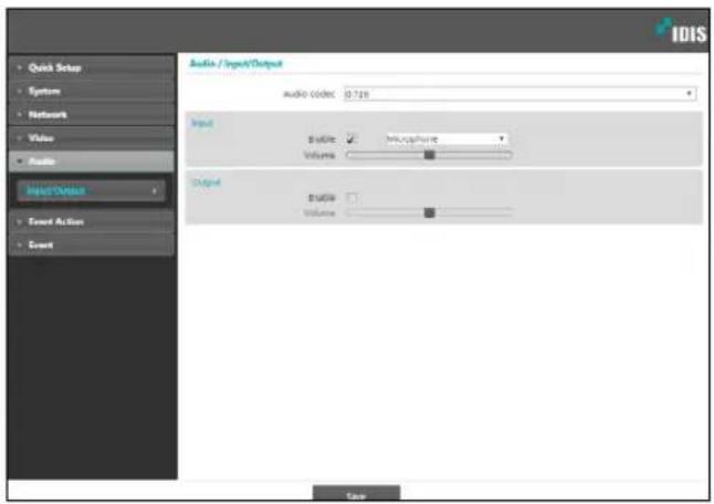 Quick Setup System Network Value Audio Input Output Event Action Event Audio / Input/Output Audio codes: 0.728 Input Volume: Microscope Original Volume: Volume: